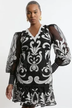 Karen Millen Plus Size Applique Organdie Buttoned Woven Mini Dress mono New