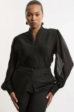 Karen Millen Plus Size Bandage Figure Form Zip Detail Chiffon Sleeve Knit Top black Fashion