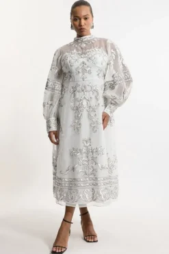 Karen Millen Plus Size Baroque Organdie Applique Buttoned Woven Maxi Dress silver Sale