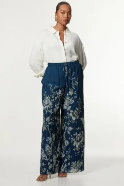 Karen Millen Plus Size Border Print Viscose Piped Woven Wide Leg Pants darknavy Discount