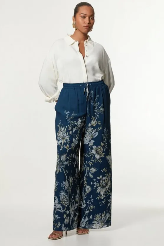 Karen Millen Plus Size Border Print Viscose Piped Woven Wide Leg Pants darknavy Discount