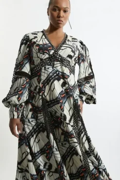 Karen Millen Plus Size Butterfly Print Lace Insert Trim Woven Midaxi Dress blue Hot