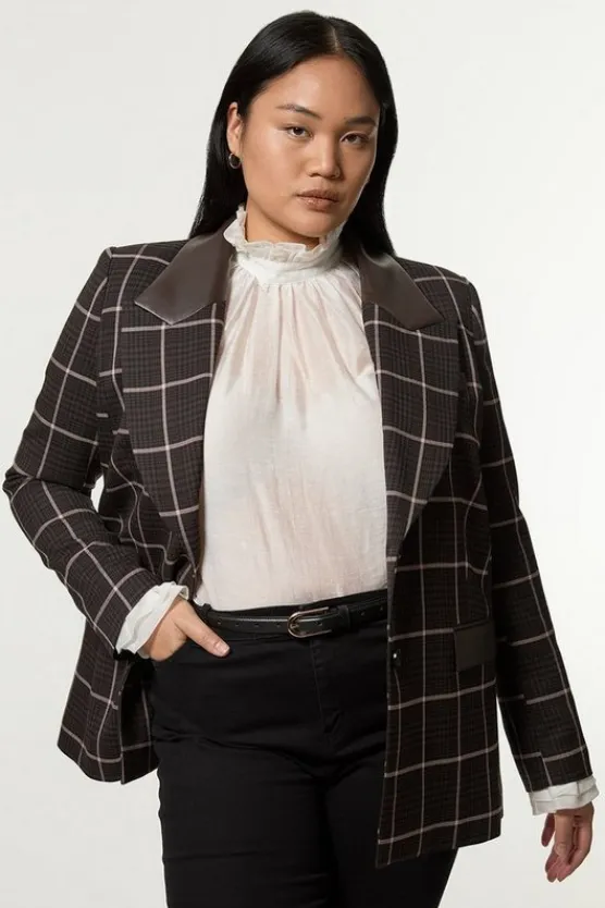 Karen Millen Plus Size Check Pu Mix Tailored Jacket brown New
