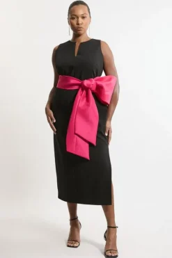 Karen Millen Plus Size Clean Tailored Taffeta Contrast Bow Tie Waist Midi Dress black Sale