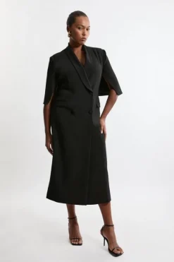 Karen Millen Plus Size Clean Tailored Tuxedo Cape Sleeve Midi Blazer Dress black New