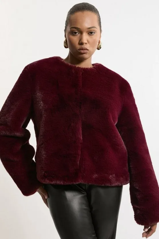 Karen Millen Plus Size Collarless Faux Fur Jacket berry Outlet