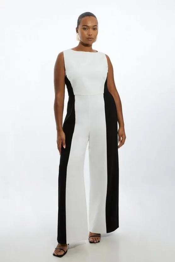Karen Millen Plus Size Compact Stretch Color Block Panelled Tailored Wide Leg Jumpsuit mono Sale