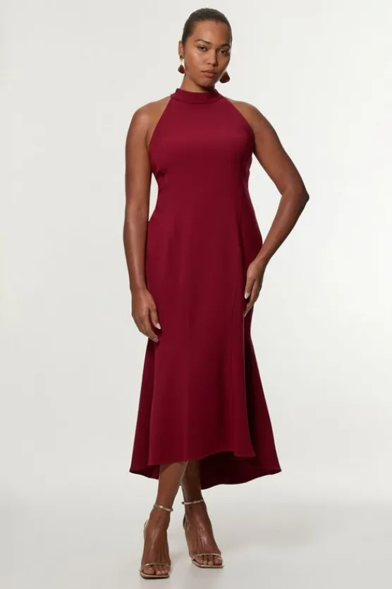Karen Millen Plus Size Compact Stretch Essential Tailored High Neck Dip Hem Midi Dress fig Sale