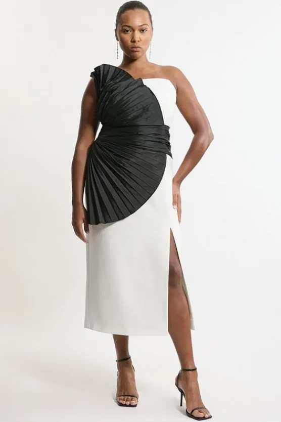 Karen Millen Plus Size Compact Stretch Taffeta Ruffle Detail Strappy Tailored Midi Dress mono Hot
