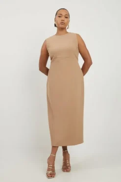 Karen Millen Plus Size Compact Stretch Tailored Pencil Midi Dress camel Hot
