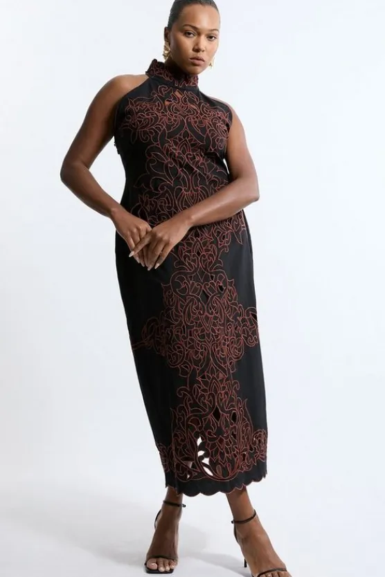 Karen Millen Plus Size Cotton Cutwork Woven Halter Midi black Clearance