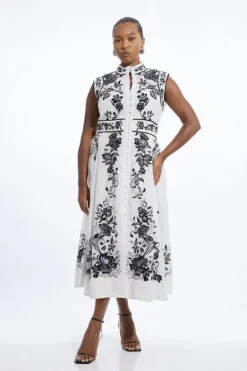 Karen Millen Plus Size Cotton Embroidery Woven Button Up Midi Dress mono Discount