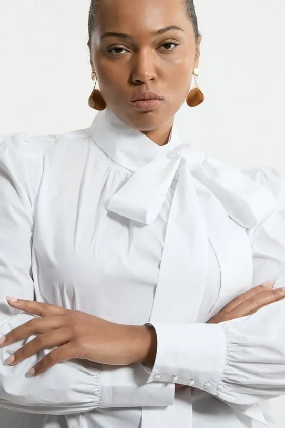 Karen Millen Plus Size Cotton Poplin Pussybow Blouse ivory Clearance