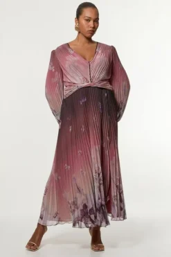 Karen Millen Plus Size Crinkle Pleat Border Balloon Sleeve Woven Maxi Dress floral Fashion
