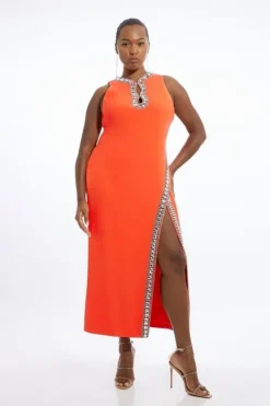 Karen Millen Plus Size Crystal Embellished Keyhole Woven Midi Dress tomatored Online