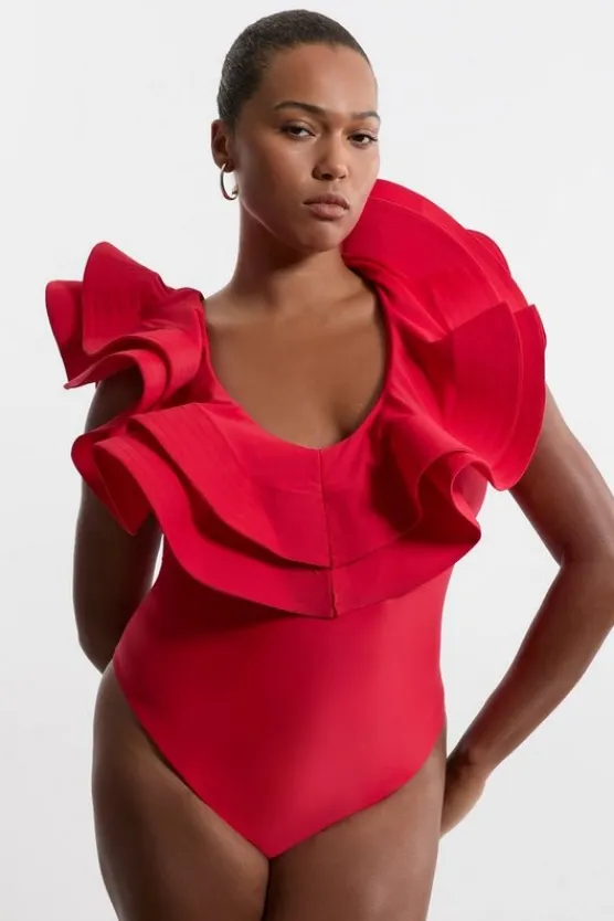 Karen Millen Plus Size Drama Frill Swimsuit red Clearance