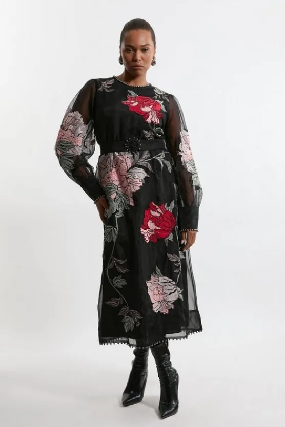 Karen Millen Plus Size Embroidered Organdie Woven Balloon Sleeve With Beading floral Best