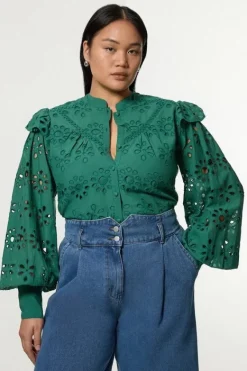 Karen Millen Plus Size Eyelet Woven Blouse With Guipure Trim green Best