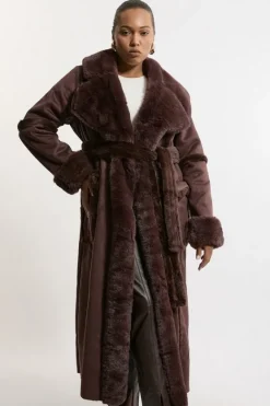 Karen Millen Plus Size Faux Shearling Collar & Cuff Tie Belt Maxi Coat chocolate Best