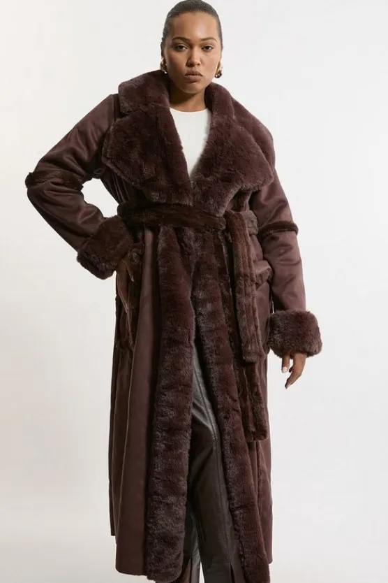 Karen Millen Plus Size Faux Shearling Collar & Cuff Tie Belt Maxi Coat chocolate Best