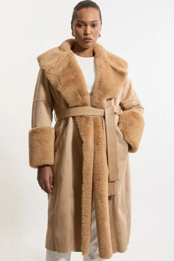 Karen Millen Plus Size Faux Shearling Collar & Cuff Belted Long Coat camel Discount
