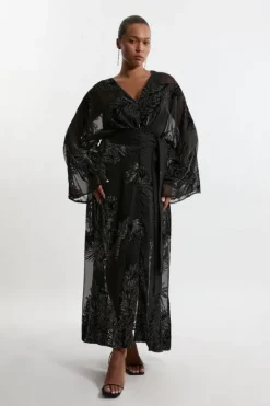 Karen Millen Plus Size Feather Devore Woven Kimono Maxi Dress black Outlet