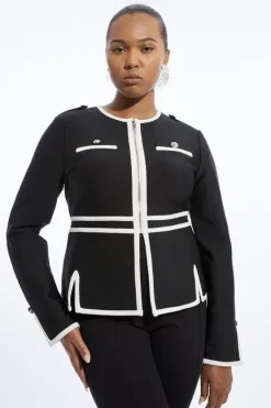 Karen Millen Plus Size Figure Form Bandage Military Contrast Piping Knit Split Hem Jacket mono Fashion