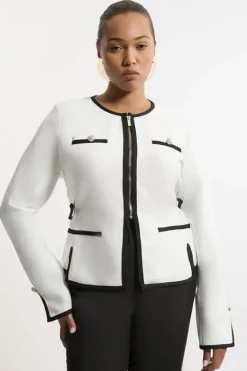 Karen Millen Plus Size Figure Form Bandage Military Contrast Piping Knit Jacket mono New