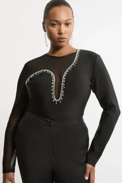 Karen Millen Plus Size Figure Form Bandage Mesh Detail Embellished Knit Top black New