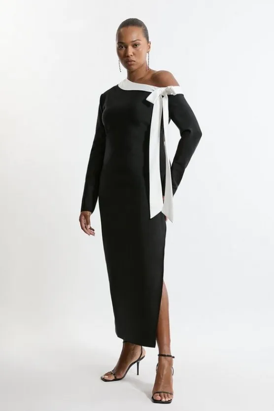 Karen Millen Plus Size Figure Form Bandage Knit Contrast Bow Detail Midaxi Dress mono Best