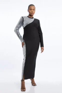Karen Millen Plus Size Figure Form Bandage Asymmetric Embellished Maxi Dress black Discount