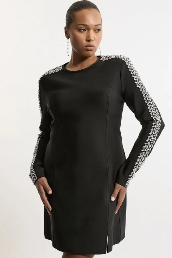 Karen Millen Plus Size Figure Form Bandage Knit Embellished Mini Dress black Best