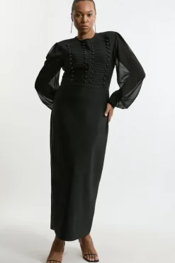 Karen Millen Plus Size Figure Form Bandage Knit Chiffon Sleeve Military Trim Midaxi Dress black Sale