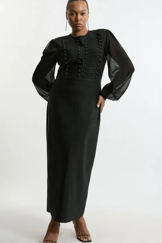 Karen Millen Plus Size Figure Form Bandage Knit Chiffon Sleeve Military Trim Midaxi Dress black Sale