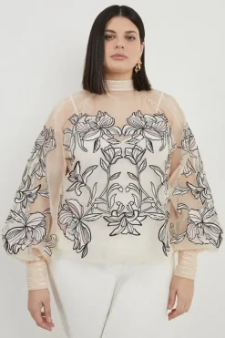 Karen Millen Plus Size Floral Embroidery Organdie Woven Blouse ivory Sale