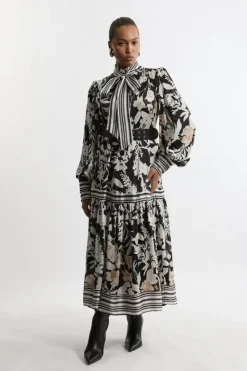Karen Millen Plus Size Pleated Tie Neck Woven Midaxi Dress floral Hot