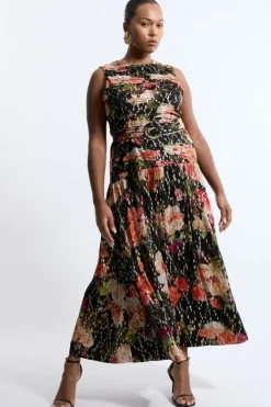 Karen Millen Plus Size Floral Printed Viscose Metallic Thread Beaded Woven Maxi Dress black Discount