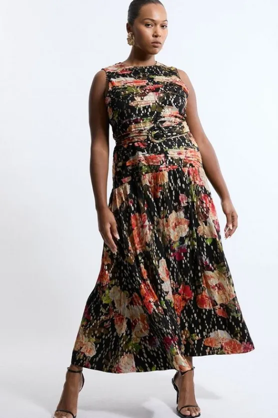 Karen Millen Plus Size Floral Printed Viscose Metallic Thread Beaded Woven Maxi Dress black Discount