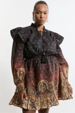 Karen Millen Plus Size Frill Detail Sleeve Paisley Print Cotton Woven Maxi Dress desertyellow Discount