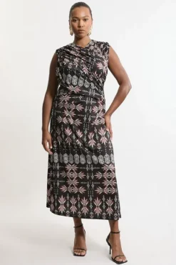 Karen Millen Plus Size Printed Jersey Crepe Cross Front Maxi Dress geo Fashion
