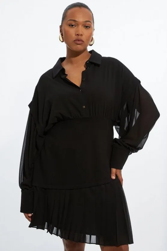 Karen Millen Plus Size Jersey And Georgette Mix Pleated Mini Shirt Dress black Outlet