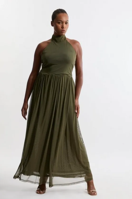 Karen Millen Plus Size Jersey Mesh Halterneck Maxi Dress khaki Sale