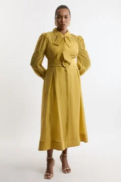 Karen Millen Plus Size Linen Blend Organdie Woven Pussybow Midaxi Dress lime Hot