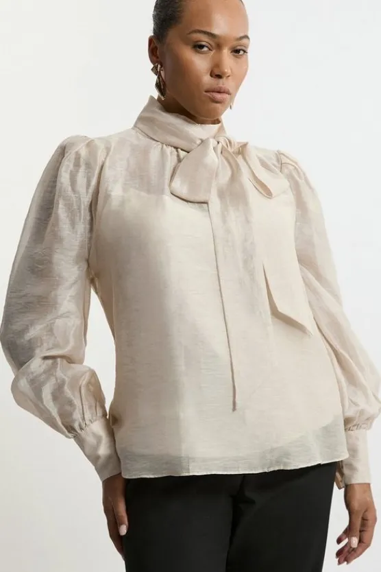 Karen Millen Plus Size Linen Blend Organdie Woven Pussybow Blouse ivory Fashion
