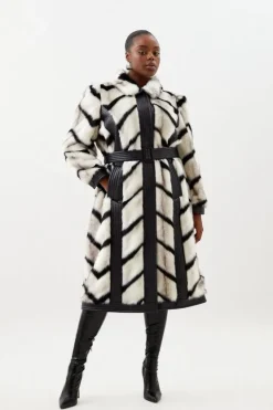 Karen Millen Plus Size Panelled Stripe Faux Fur Pu Belted Long Coat mono Outlet