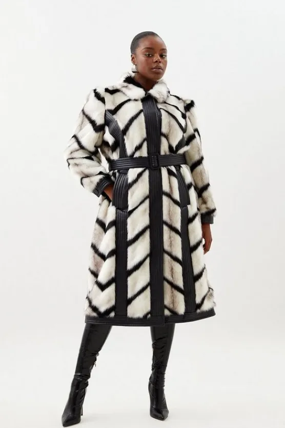 Karen Millen Plus Size Panelled Stripe Faux Fur Pu Belted Long Coat mono Outlet