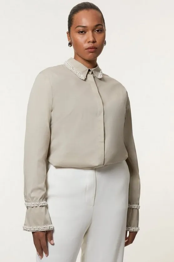 Karen Millen Plus Size Pearl Trim Cotton Woven Shirt stone Outlet