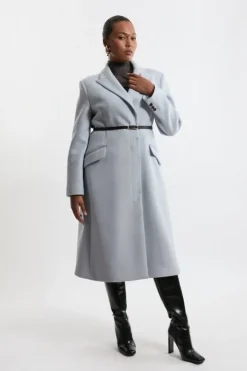 Karen Millen Plus Size Premium Italian Manteco Wool Single Breasted Belted Tailored Maxi Coat paleblue Online