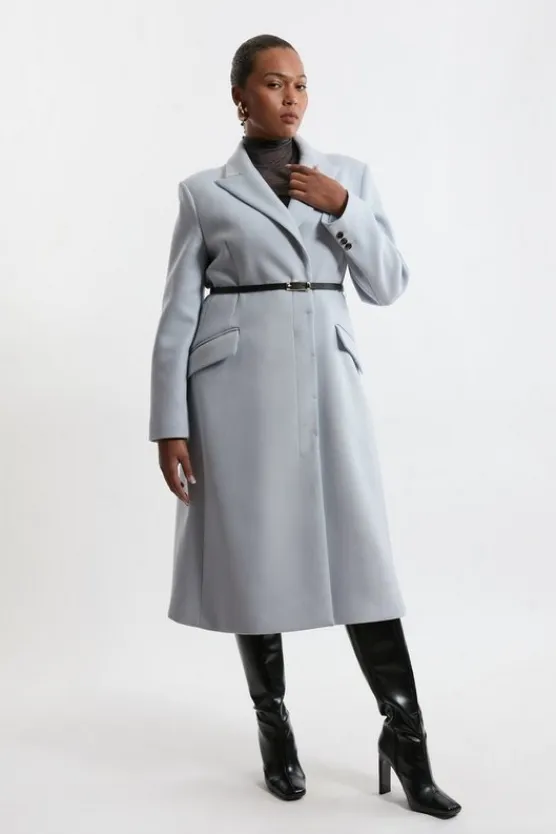 Karen Millen Plus Size Premium Italian Manteco Wool Single Breasted Belted Tailored Maxi Coat paleblue Online