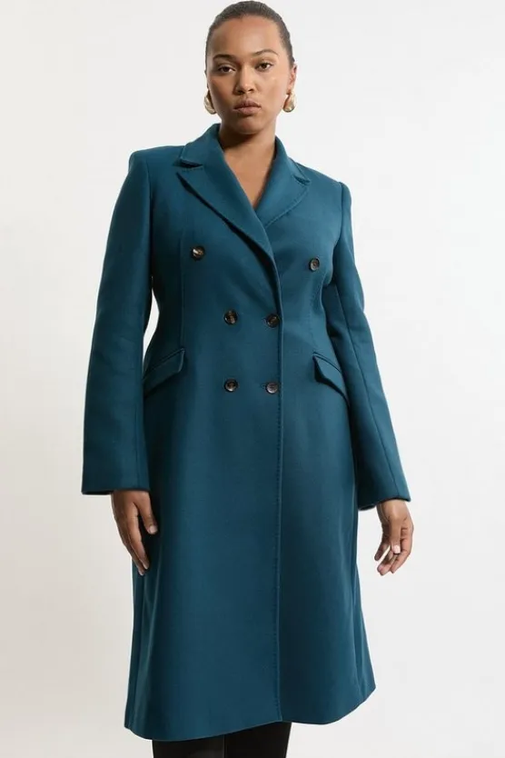 Karen Millen Plus Size Premium Italian Manteco Wool Fitted Tailored Midi Coat teal Fashion